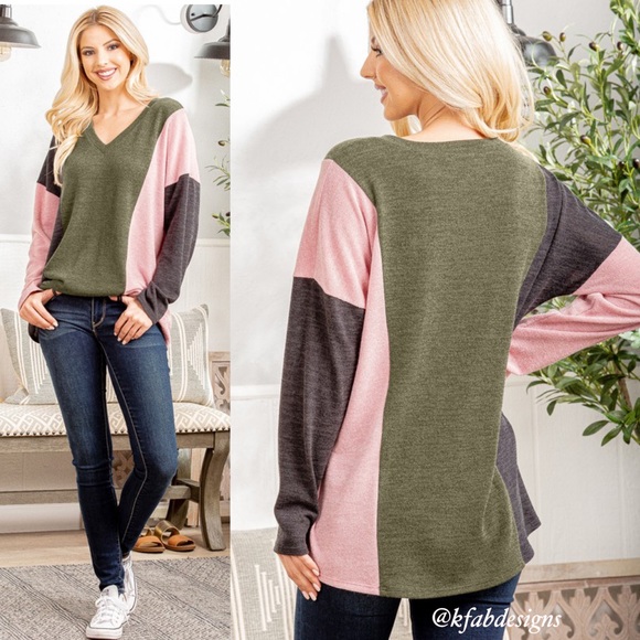LAST 1! V Neck Soft Vertical Stripe Olive/Pink Color Block Top! - Picture 9 of 11